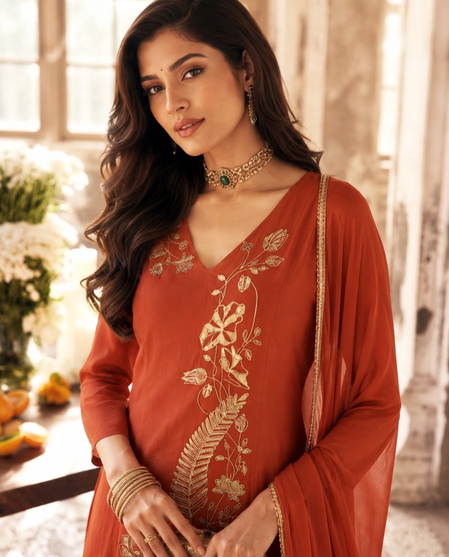 7112 - Orange Chanderi Embroidered Palazzo Salwar Kameez